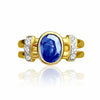 14k Massivgold gespaltene Schiene ovaler Schliff blauer Saphir Ring
