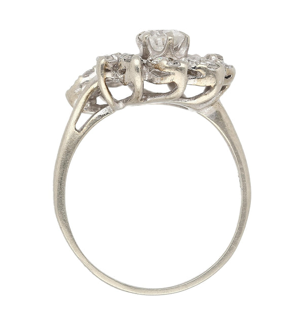 0.45 Carat Old European Cut Diamond Halo 14K White Gold Floral Engagement Ring