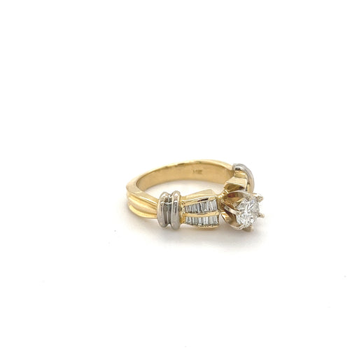 0.70 Carat Round Diamond Ring with Baguette Cut Diamond Side Stones in 14k gold