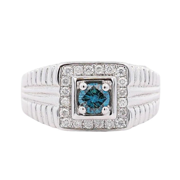 0.74 Carat Blue & White Diamond White Gold Ribbed Men's Ring
