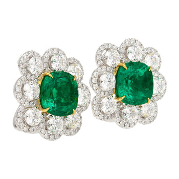 Boucles d’oreilles en émeraude colombienne de 10 carats, taille Coussin, certifiées GRS, avec léger huilage et diamants – Assay Jewelers