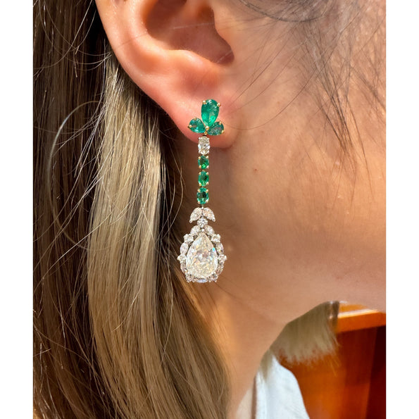 10 Carat Natural Emerald and Diamond Mirrored Drop Earrings in 18K Gold