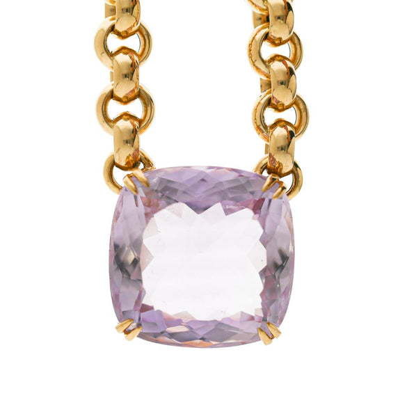 106.63 Carat Pink Amethyst Cushion 18K Gold Solitaire Chain Necklace