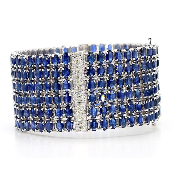 110 Carat Blue Sapphire & Diamond 14K White Gold Six Row Wide Wrap Bracelet