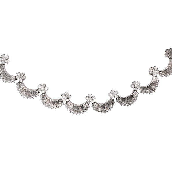 12 Carat Baguette Round Cut Diamond Floral Fan 18K White Gold Choker Necklace
