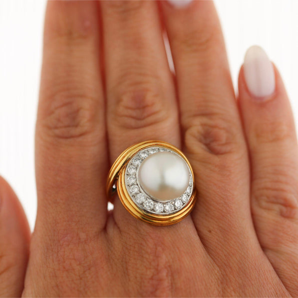 12mm South Sea Pearl & 1.38 Carat Diamond Halo Trio 18K Two Tone Gold Dome Ring