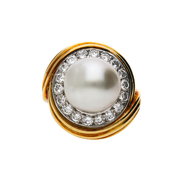 12mm South Sea Pearl 4.26 Carat Diamond 18K Two-Tone Gold Ring and Earring Set