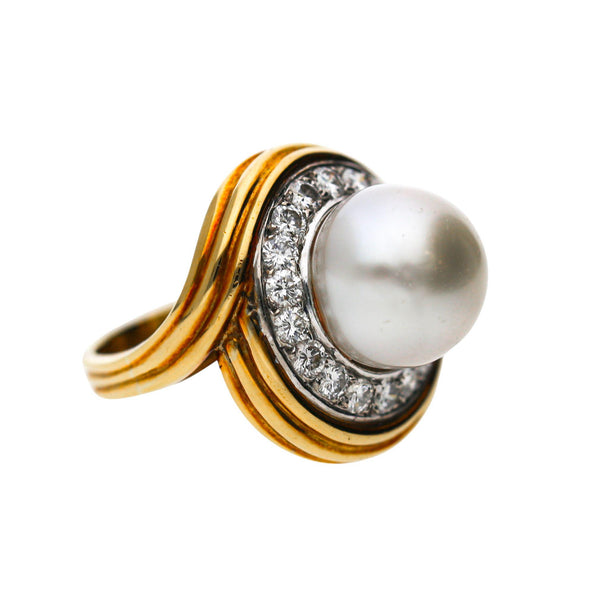 12mm South Sea Pearl 4.26 Carat Diamond 18K Two-Tone Gold Ring and Earring Set