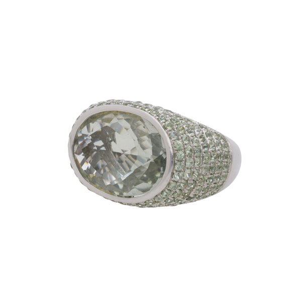 13.50 Carat Oval Checkerboard Cut Green Amethyst Pave 14K White Gold Dome Ring