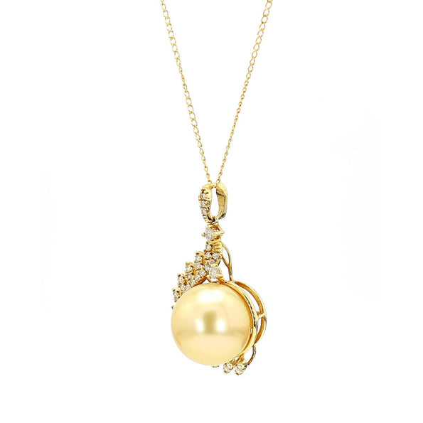 13mm Golden South Sea Pearl & Diamond 18K Gold Pendant Necklace