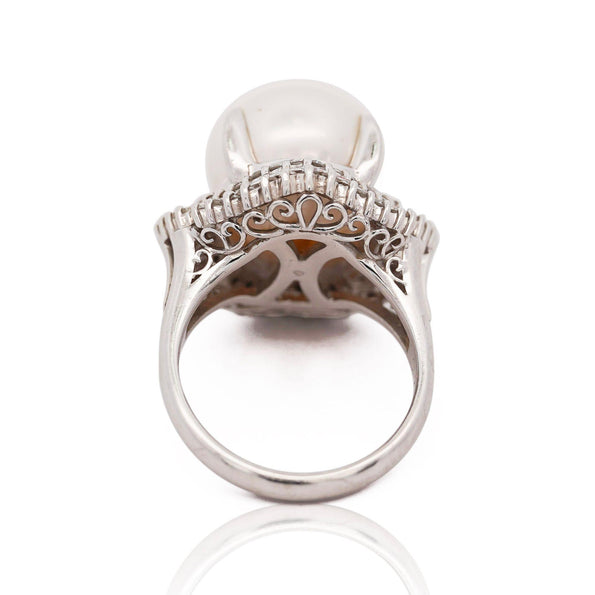 13mm South Sea Pearl & Baguette Diamond Halo Platinum Ballerina Ring