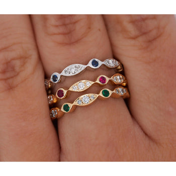 14K Gold Emerald and Lab Diamond Bezel Stacking 3MM Band Wave Ring – Assay Jewelers