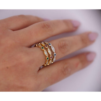 14K Gold Emerald and Lab Diamond Bezel Stacking 3MM Band Wave Ring – Assay Jewelers