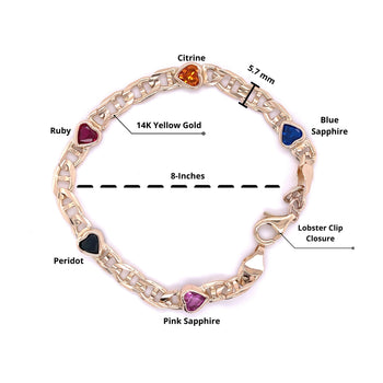 14K Yellow Gold Heart-Shape Multi Gemstone Charm Bracelet | Pink/Blue Sapphire, Peridot, Citrine, Ruby – Assay Jewelers