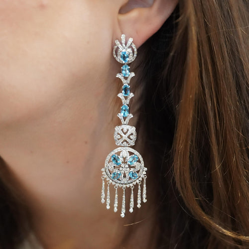 15 Carat Oval Aquamarine & Diamond 18K White Gold Retro Dangle Earrings