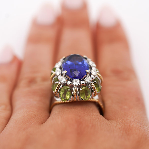15.62 Carat Tanzanite, Peridot, Diamond Halo 18K White Gold Cluster Ring