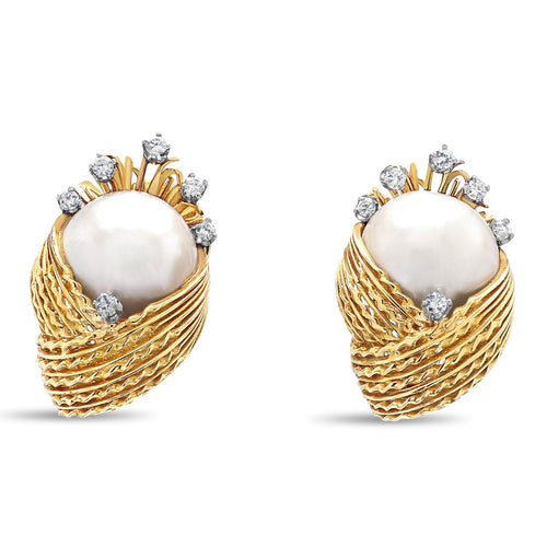 15mm Mabe Pearl & Diamond 14K Gold Retro Era Lever Back Earrings