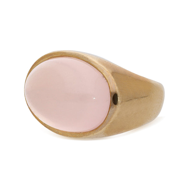 16 Carat Oval Pink Quartz Cabochon 14K Yellow Gold Vintage Dome Bold Signet Ring