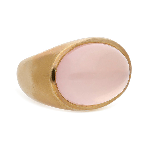 16 Carat Oval Pink Quartz Cabochon 14K Yellow Gold Vintage Dome Bold Signet Ring