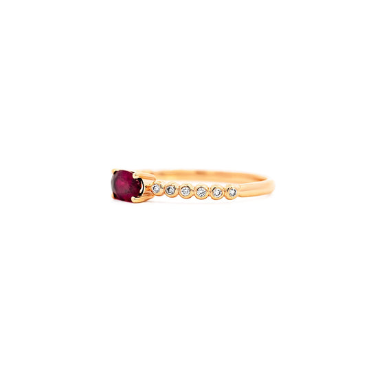 18K Rose Gold Oval Cut Natural Ruby and Diamond Ribbed Bezel Set Ripple Ring