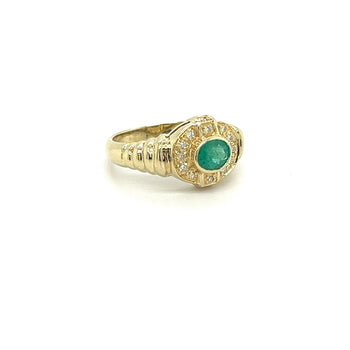 18K Solid Gold Oval Cut Natural Emerald Ring in Textured Ribbed Gold & Diamond Halo – Assay Jewelers