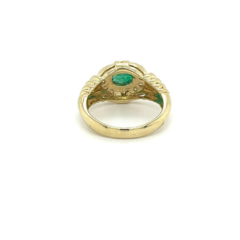 18K Solid Gold Oval Cut Natural Emerald Ring in Textured Ribbed Gold & Diamond Halo – Assay Jewelers