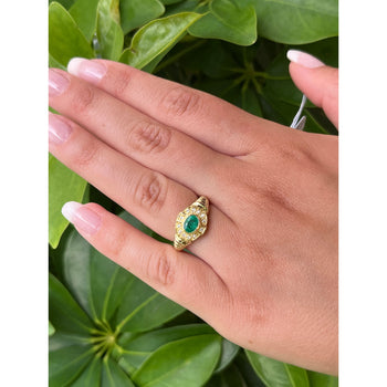18K Solid Gold Oval Cut Natural Emerald Ring in Textured Ribbed Gold & Diamond Halo – Assay Jewelers