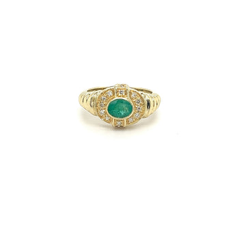 18K Solid Gold Oval Cut Natural Emerald Ring in Textured Ribbed Gold & Diamond Halo – Assay Jewelers