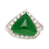 18K White Gold Type A Jadeite Jade Cabochon Cut Triangle Shape and Diamond Halo Ring