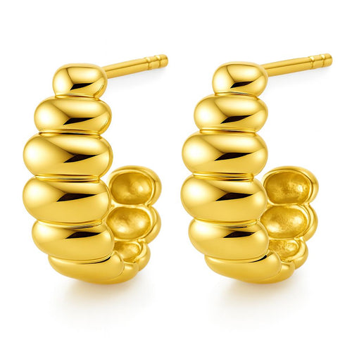 18MM J-Hoop Ribbed and Grooved 14K Gold Earrings