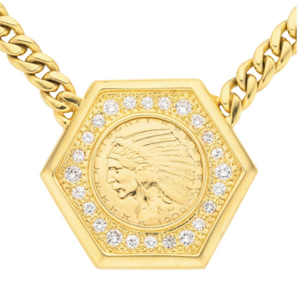 1909 US Indian Head $5 Gold Coin Pendant Necklace, 14K Gold with Diamonds