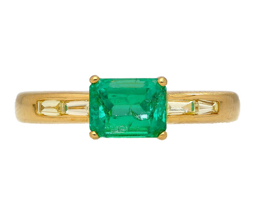1.07 Carat Emerald & Baguette Diamond East West 18K Gold Ring