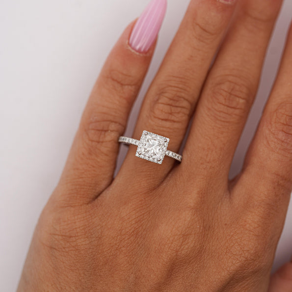 1.11 Carat G/SI2 Princess Cut Diamond Pave Halo Set in Platinum Engagement Ring