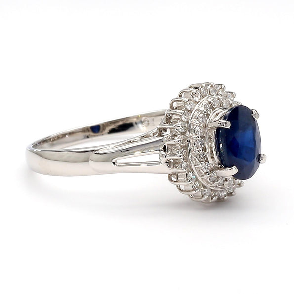 1.25 Carat Oval Blue Sapphire and Diamond Platinum Double Halo Ballerina Ring