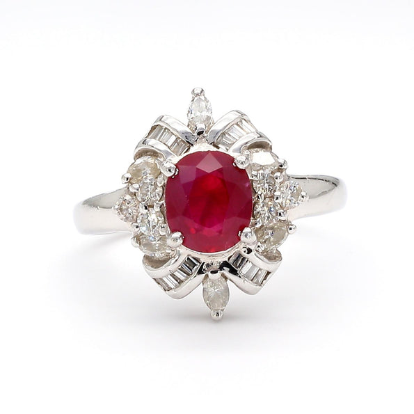 1.26 Carat Oval Ruby & Mixed Diamond Ballerina Platinum Art Nouveau Style Ring