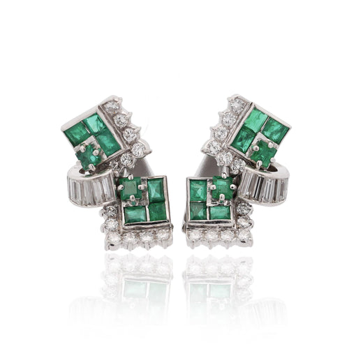 1.30 Carat Emerald & Diamond in 14K White Gold Retro Style Stud Earrings