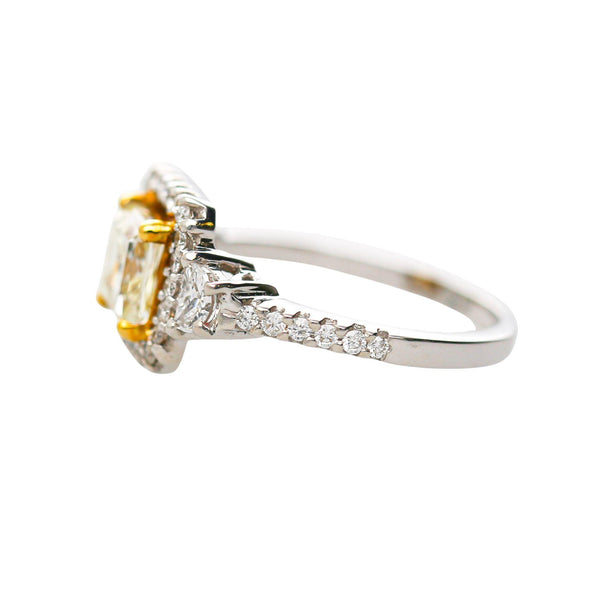 1.51 Carat Fancy Yellow Square Cut Diamond Halo 18K Gold Engagement Ring