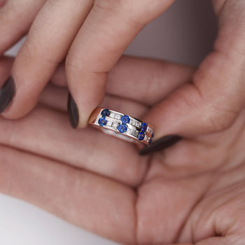 1.58 Carat Blue Round Sapphire & Baguette Diamond Platinum 6MM Band Ring – Assay Jewelers