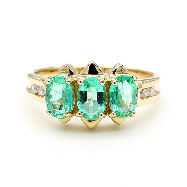 1.80 Carat Oval Emerald 3 Stone Ring in 14K Gold