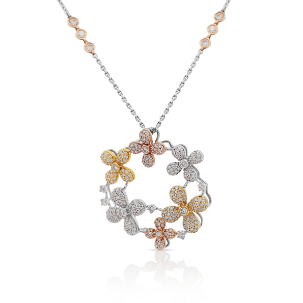 1.81 Carat Round Diamond in 14K Tri-Color Gold Flower Wreath Pendant Necklace