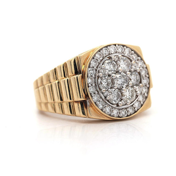 2 Carat Diamond Cluster 14K Gold Ribbed Shank Mens Signet Ring
