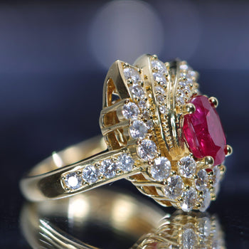 2 Carat Oval Burma Ruby & Diamond Halo Set in 18K Yellow Gold Statement Ring – Assay Jewelers