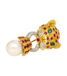 22K Gold Leopard Head Brooch - Emerald, Ruby, Diamond & Baroque Pearl