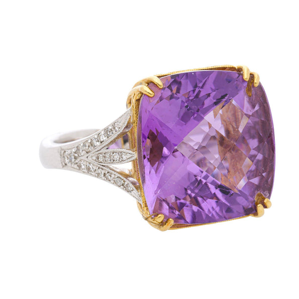 22.48 Carat Cushion Checkerboard Amethyst & Diamond Filigree 18K Two Tone Ring