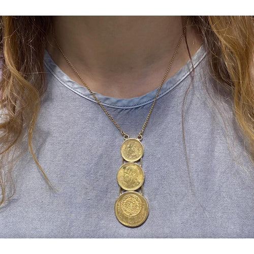 22k Gold USA Peso Coin Bezel Graduating Pendant Necklace - 20, 10, 5 Peso