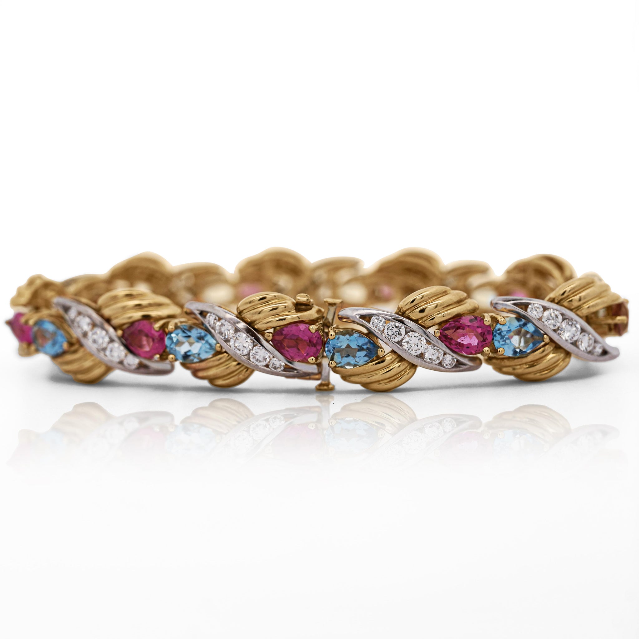 25 Carat Aquamarine, Tourmaline, & Diamond 18K Gold Platinum Retro Bracelet