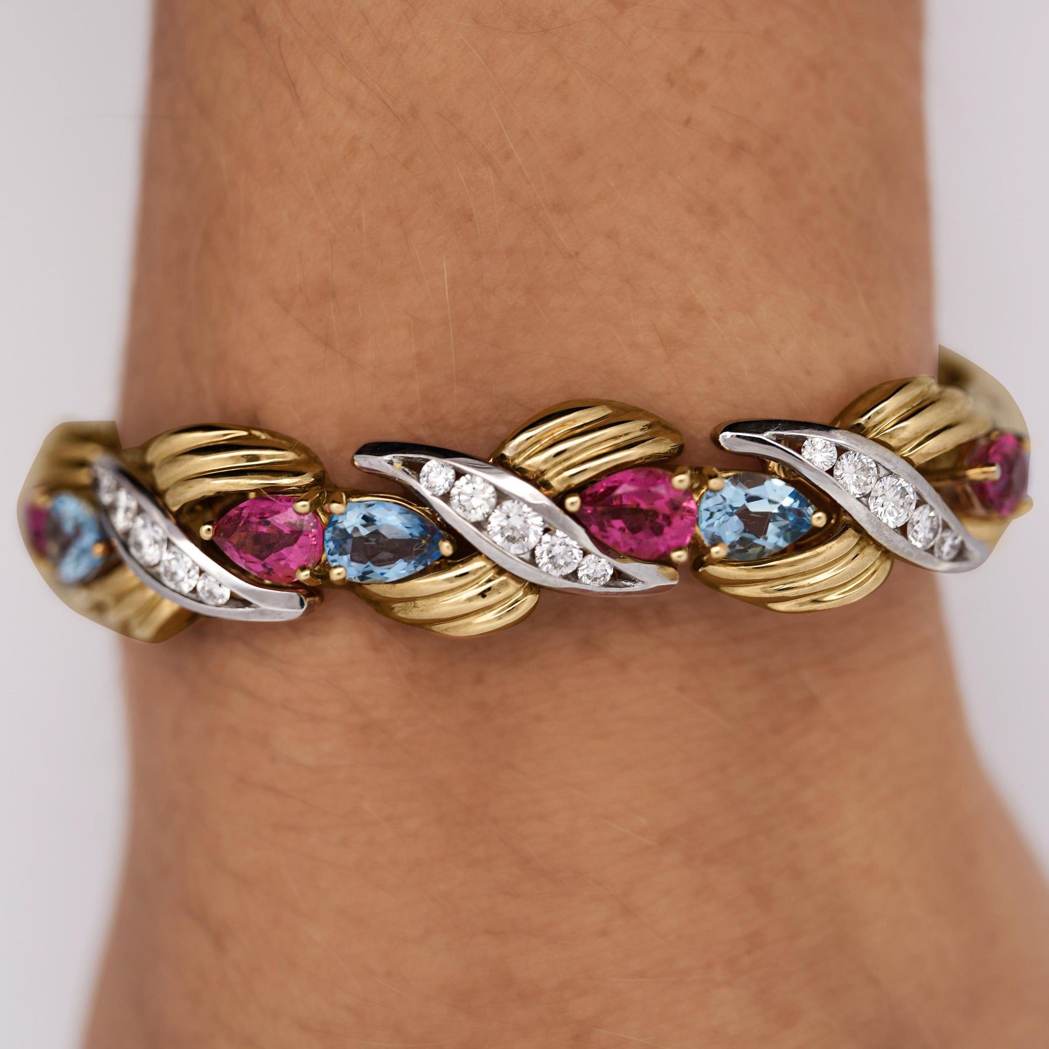25 Carat Aquamarine, Tourmaline, & Diamond 18K Gold Platinum Retro Bracelet