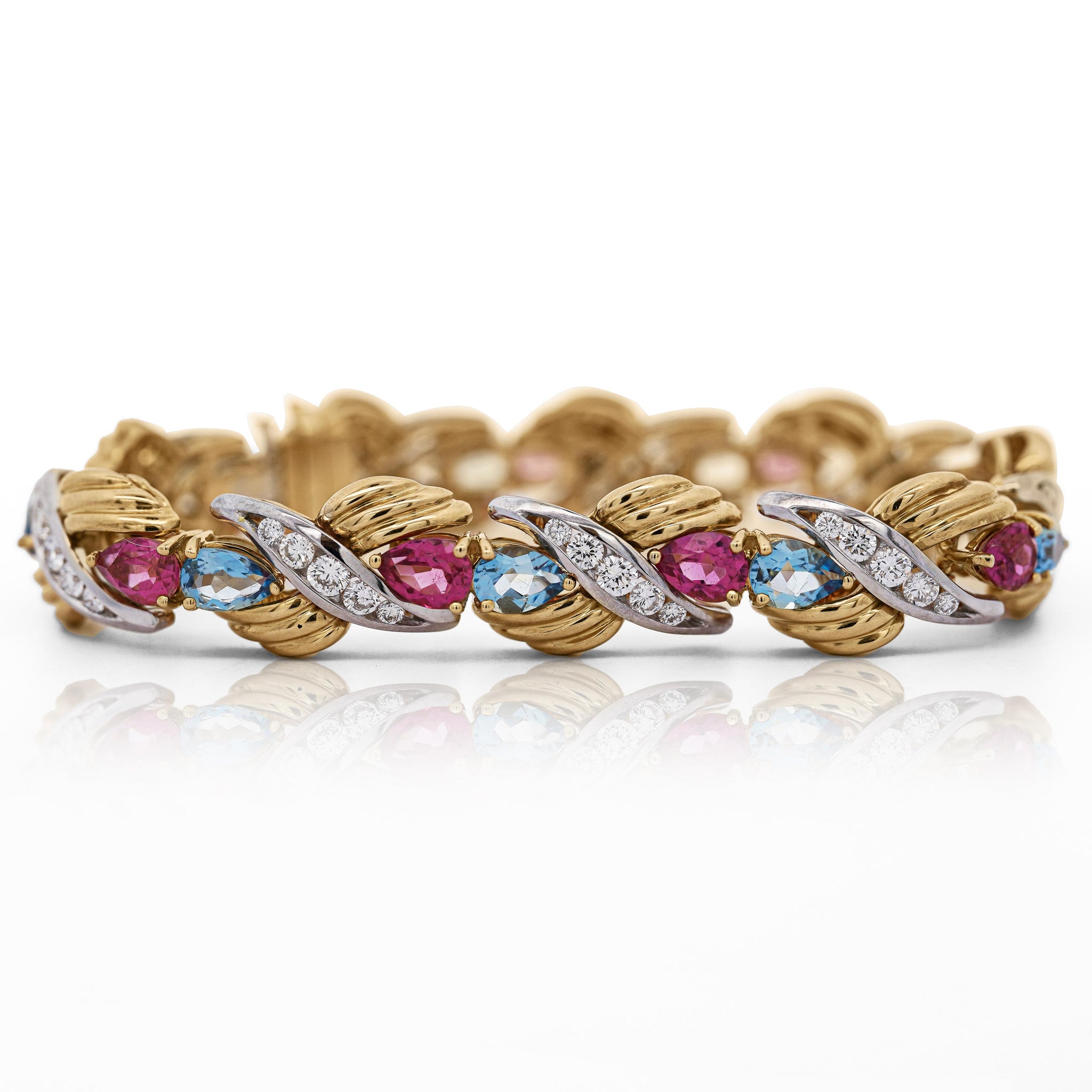 25 Carat Aquamarine, Tourmaline, & Diamond 18K Gold Platinum Retro Bracelet