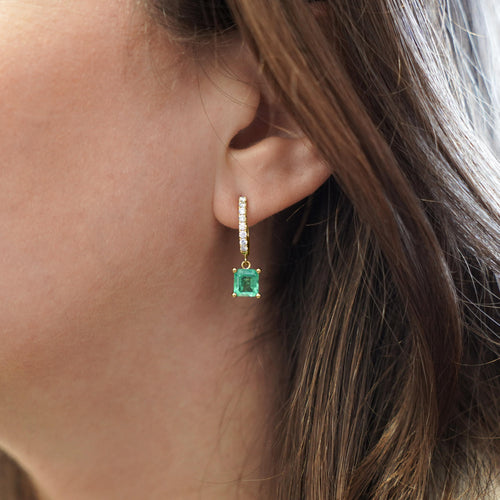 2.19 Carat Square Emerald & Diamond 18K Gold Dangling Huggie Earrings