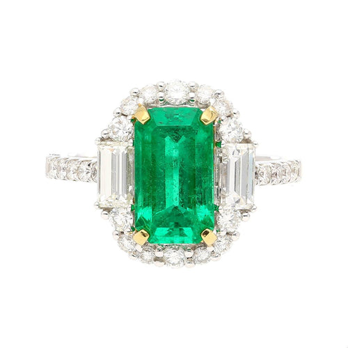 2.22 Carat Emerald Cut Natural 10MM Emerald & Baguette Diamond Ring